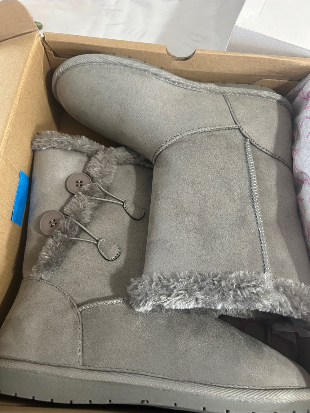 Sugar Women's Gray Faux Fur Mid-Calf Winter Boots with Button Detail